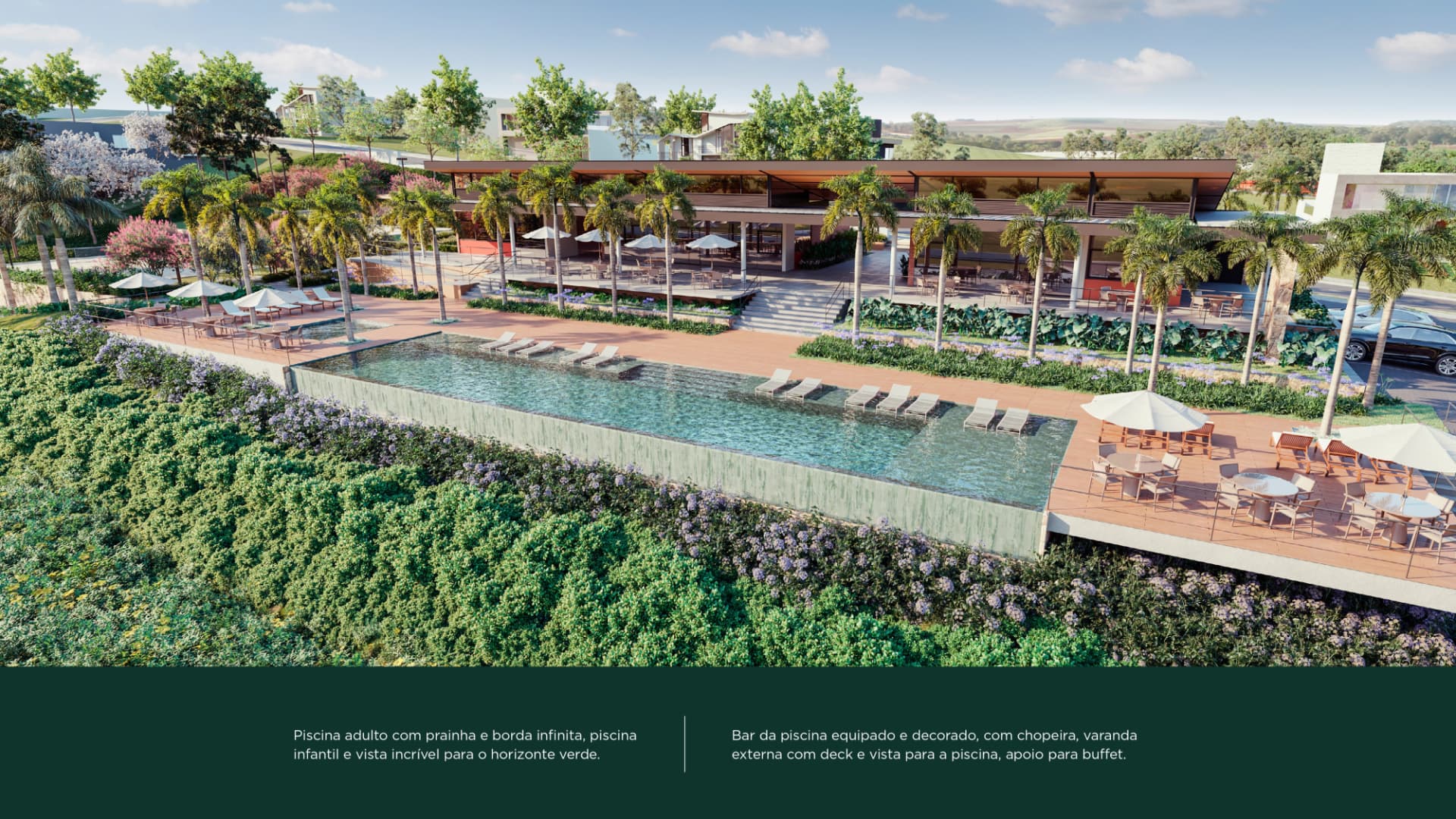 Clube com piscina de borda infinita e deck